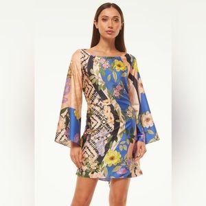 Misa Los Angeles Floral Patchwork Mini Dress in Blue, Peach, Yellow